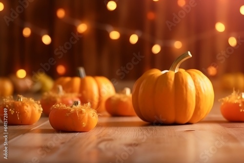 Thanksgiving decorations with pumpkins on rustic wooden planks, generative ai.