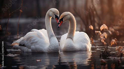 Two White Swans Swimming on Lake Their Necks Form a Heart Snowy Winter Day