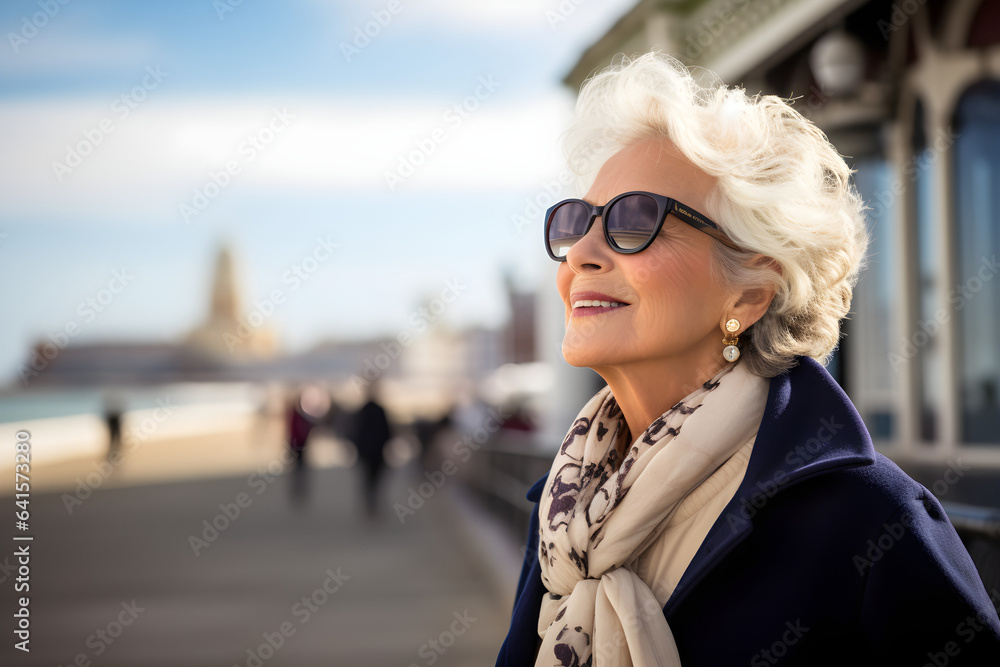 happy retired senior woman walking along seafront promenade enjoying retirement