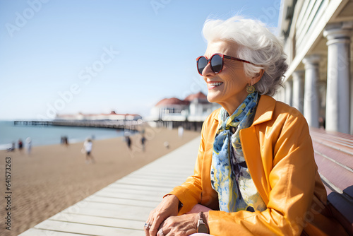 happy retired senior woman walking along seafront promenade enjoying retirement