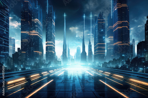 Futuristic city technology with speed light trails path through smart modern mega city  neon technology background  motion line speed light.
