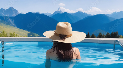 A girl in a hat sits in a pool with mountains in the background.