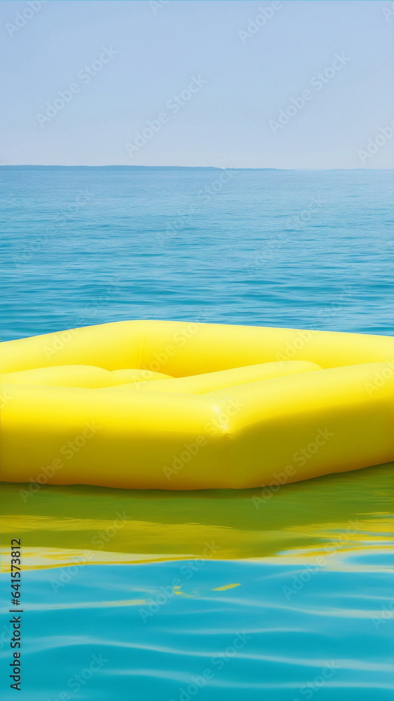 Floating yellow inflatable mattress over sea. Generative AI. Floating yellow inflatable mattress over sea. Generative AI.