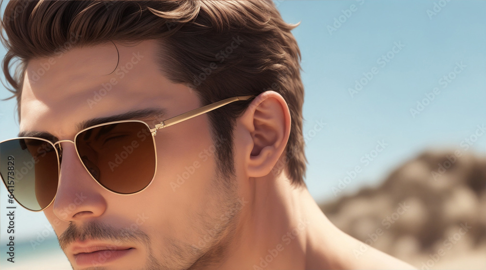 Realistic photo of a man use sunglasses on a summer. Generative Realistic photo of a man use sunglasses on a summer. Generative
