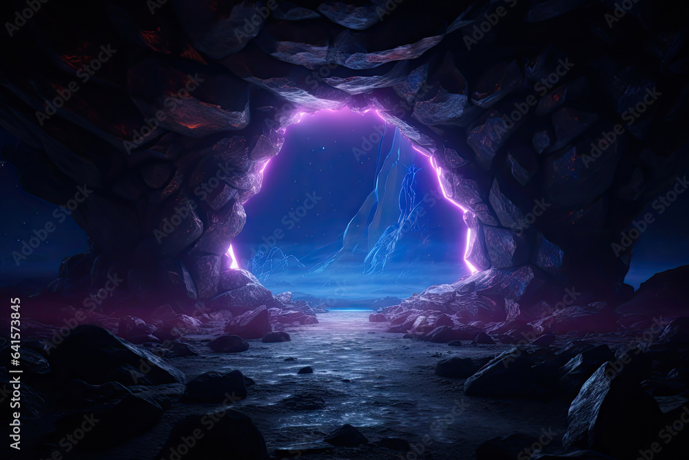 Fototapeta premium Abstract portal stone gate with neon circle glowing light in the dark space landscape of cosmic, rocky mountain stone field, spectrum light effect