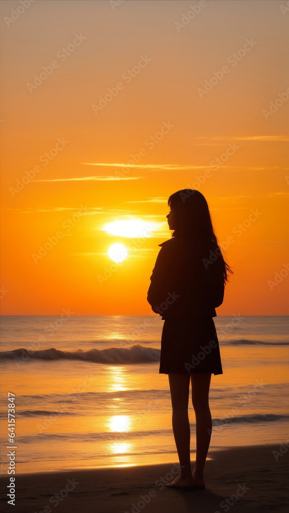 Silhouette of girl standing on beach when sunset looking at back Silhouette of girl standing on beach when sunset looking at back