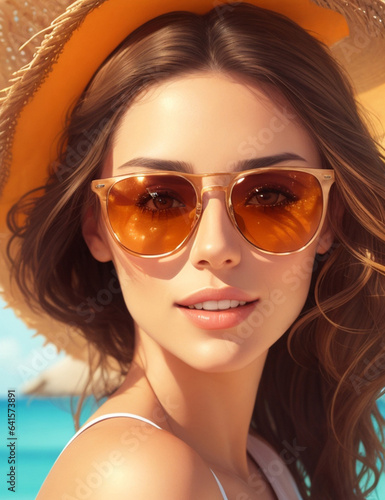 Realistic photo of a beautiful woman use sunglasses on a summer.