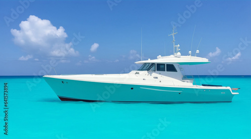 A private simple yacht in a turquoise sea. Generative AI. © BornHappy