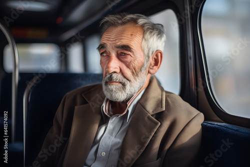 portrait of unhappy mature senior retired man travelling on bus