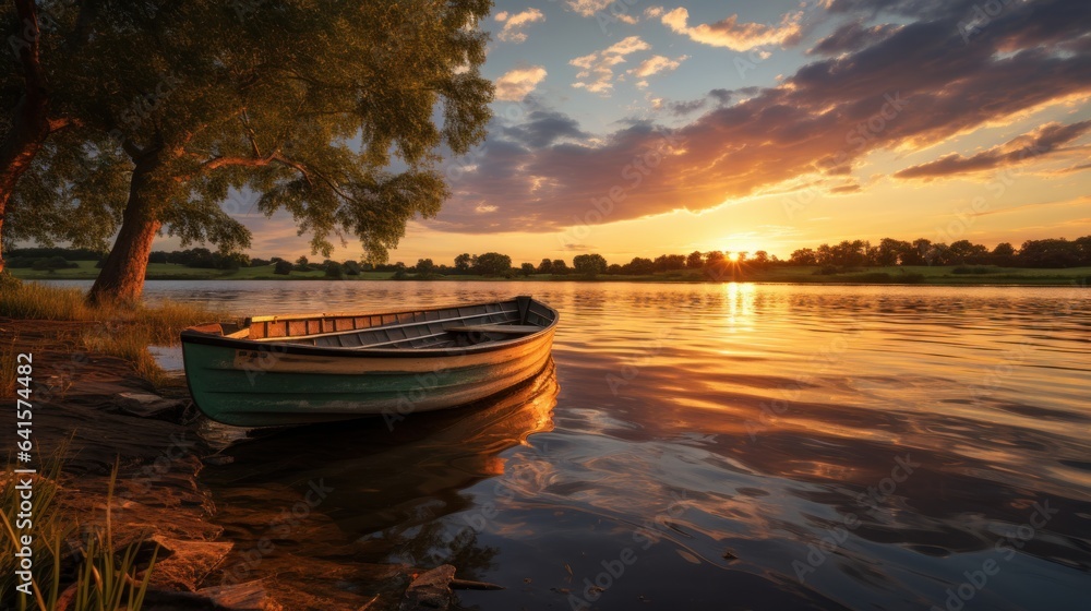 Boats on the lake with sunset in the background