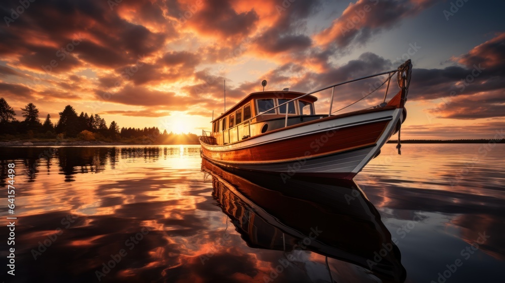 Boats on the lake with sunset in the background Boats on the lake with sunset in the background