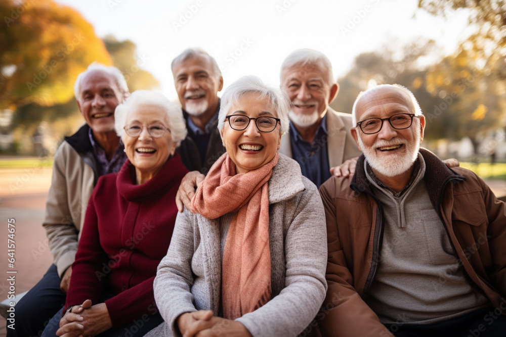 Group of happy seniors in an urban park environment.