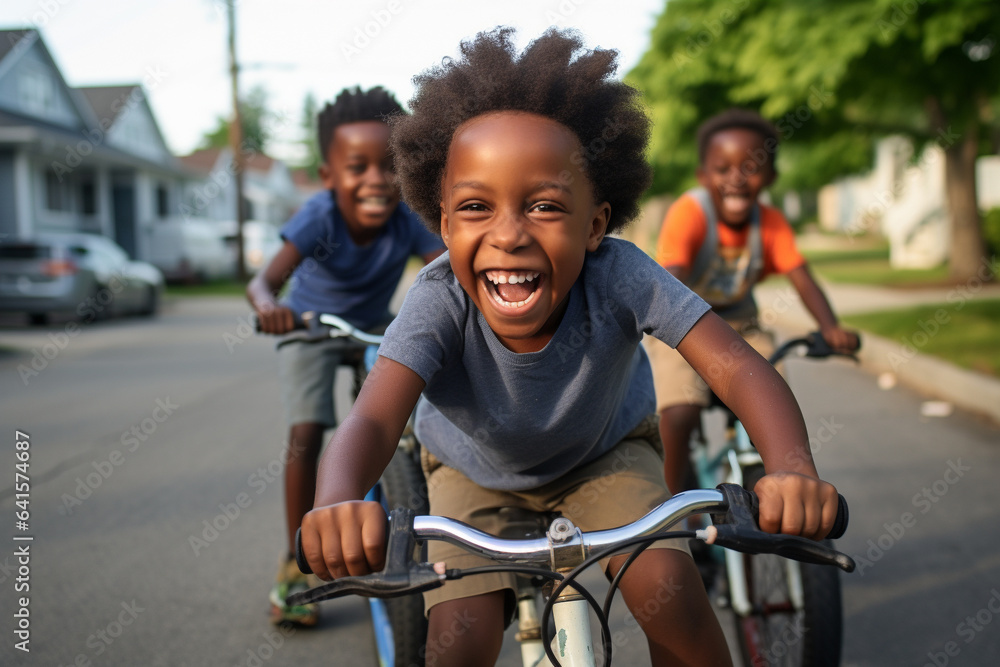 Kids cycling on a residential street. Kids cycling on a residential street.