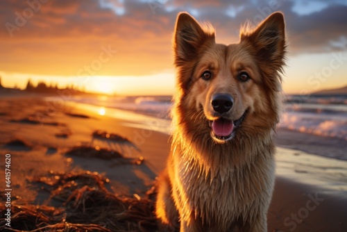 Dog on the beach with sunset in the background © sirisakboakaew