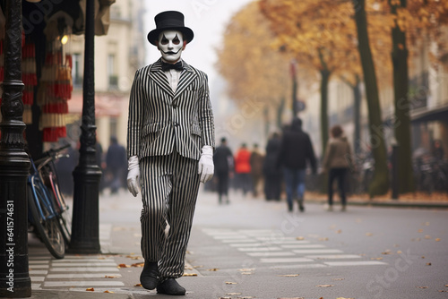 A mime performing his at on the streets of a large city.