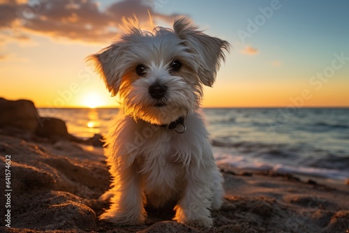 Dog on the beach with sunset in the background