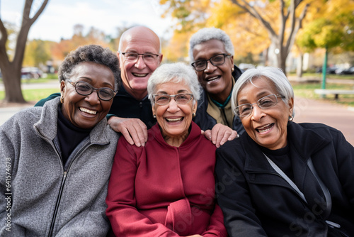 Group of happy seniors in an urban park environment.