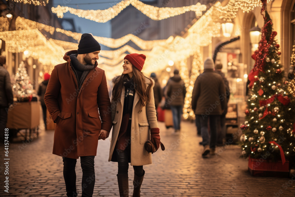 Happy couple walking through a Christmas Market at night. 