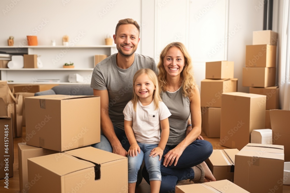 Happy family with cardboard boxes in new house on moving day Happy family with cardboard boxes in new house on moving day