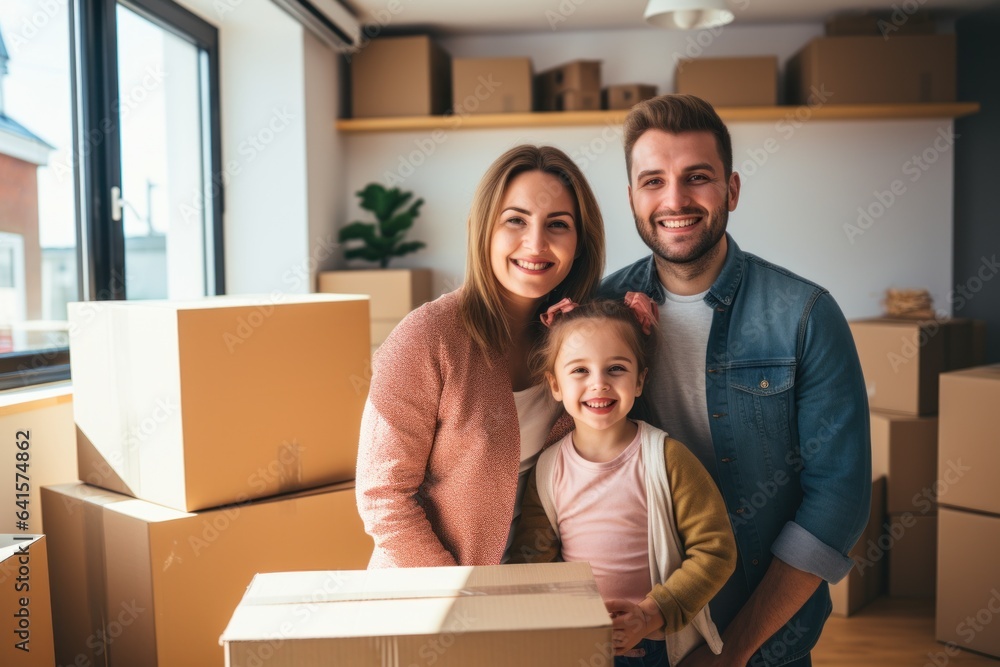 Happy family with cardboard boxes in new house on moving day Happy family with cardboard boxes in new house on moving day