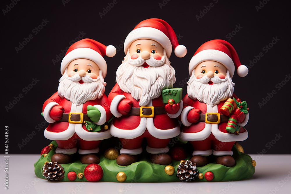Fun santa claus figurines lined up in a row. 