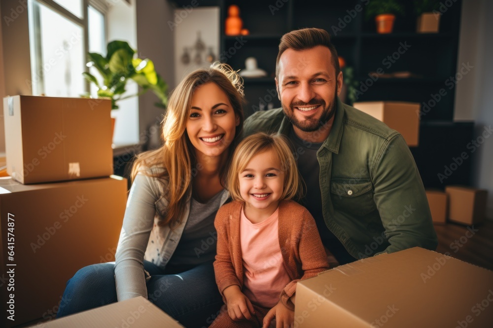 Happy family with cardboard boxes in new house on moving day Happy family with cardboard boxes in new house on moving day
