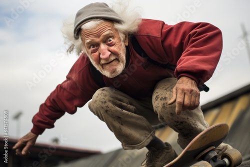 Extreme old Man skating in skatepark © sirisakboakaew