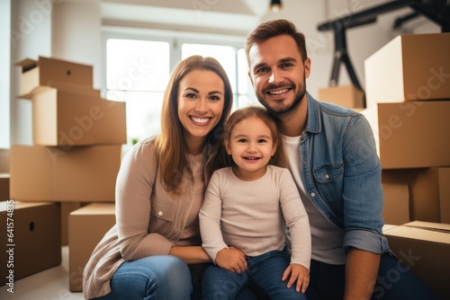 Happy family with cardboard boxes in new house on moving day © sirisakboakaew