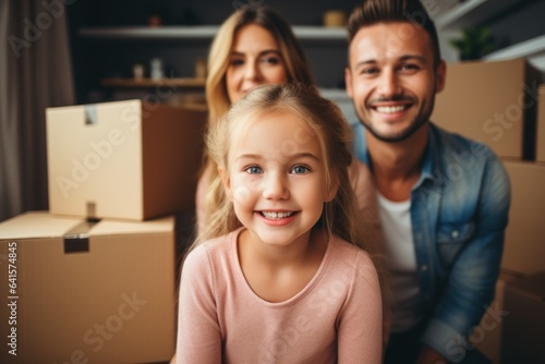 Happy family with cardboard boxes in new house on moving day