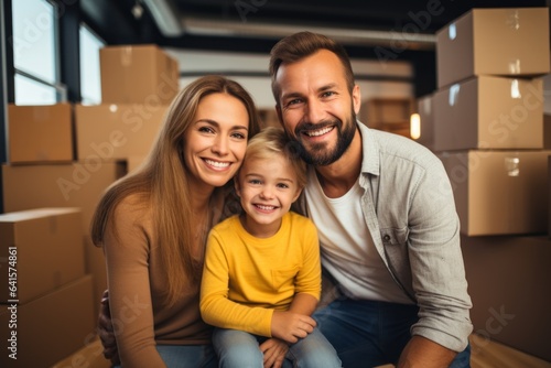 Happy family with cardboard boxes in new house on moving day
