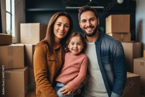 Happy family with cardboard boxes in new house on moving day © sirisakboakaew