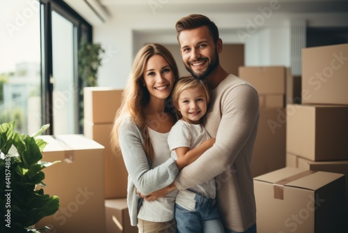 Happy family with cardboard boxes in new house on moving day © sirisakboakaew