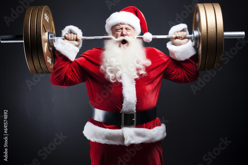 Santa Claus lifting weights to get ready for Christmas. 