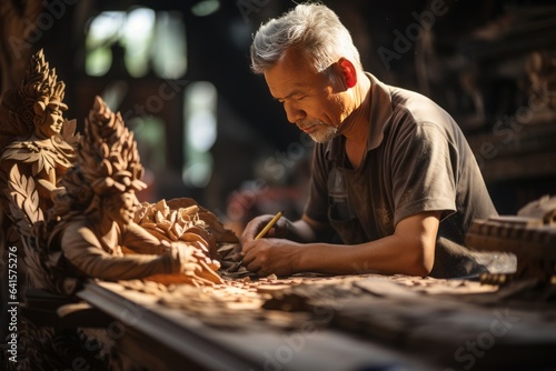 Balinese Woodcarver Crafting Intricate Sculpture, Generative AI