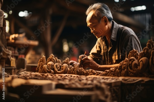 Balinese Woodcarver Crafting Intricate Sculpture  Generative AI