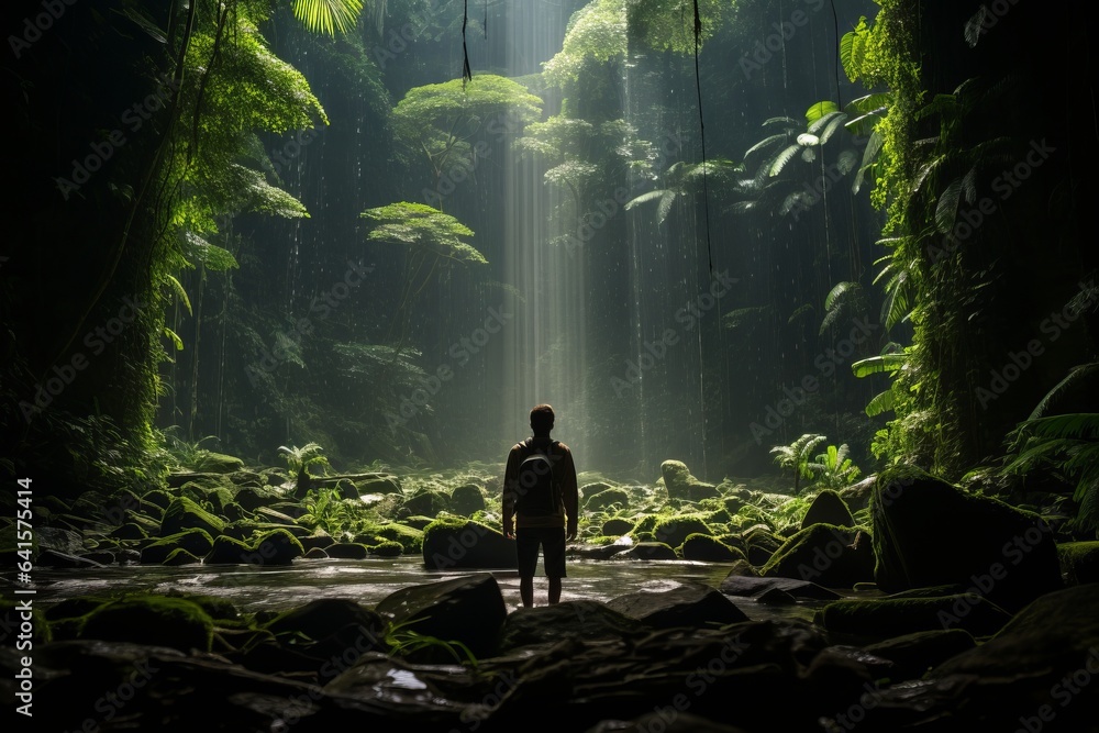 Traveler Exploring A Hidden Waterfall, Generative AI Traveler Exploring A Hidden Waterfall, Generative AI