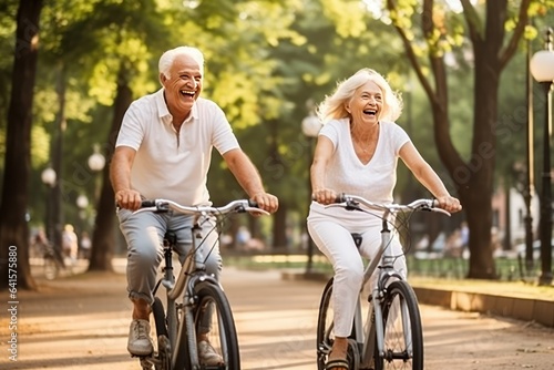 Joyful Senior Duo Enjoying Bicycle Ride In Bustling Public Park 