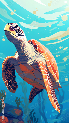 Close-up illustration of a sea turtle roaming the sea floor © danter