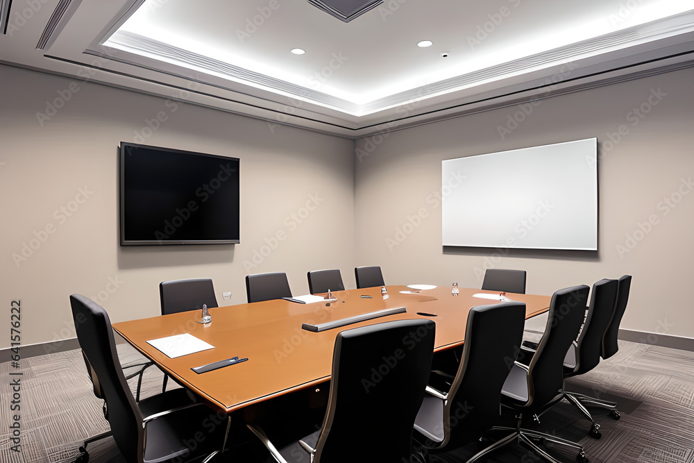 An Elegant and empty meeting boardroom with presentation. A conference table with a big TV screen. Side view An Elegant and empty meeting boardroom with presentation. A conference table with a big TV screen. Side view