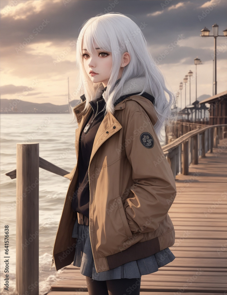 A girl with white hair and a brown jacket stands in front of a pier. Generative AI.