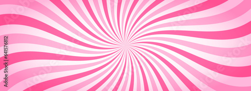 Candy color sunburst wallpaper. Abstract pink cream sunbeams design background. Spinning lines for template, banner, poster, flyer. Sweet rotating cartoon swirl or whirlpool. Vector backdrop