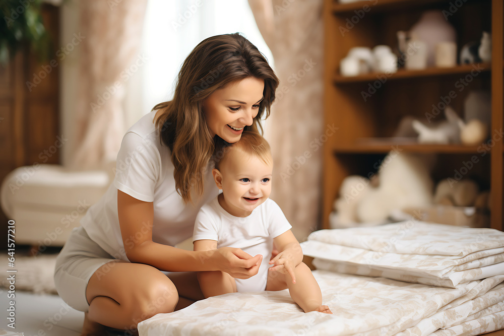 Fototapeta premium Young mother playing with her little baby in the room