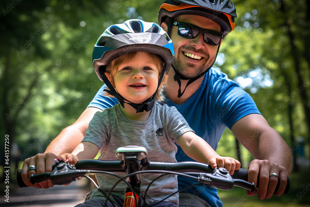 Naklejka premium Dad and son ride a bike.