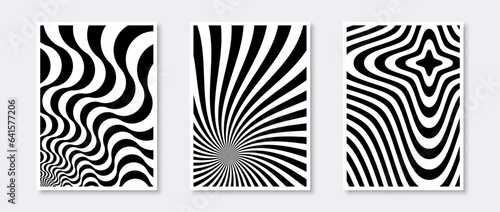 Sunburst and waves posters collection. Wavy sunbeams elements set. Black and white monochrome wave templates for cover, banner, invitation, flyer. Abstract art wallpaper pack. Vector Illustration