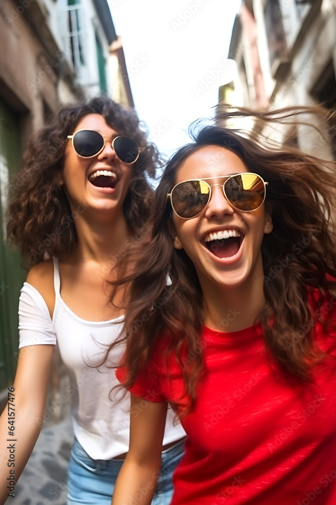 Two brunette Hispanic girls in bright clothes and sunglasses are walking down the street in sunny weather. Two brunette Hispanic girls in bright clothes and sunglasses are walking down the street in sunny weather.