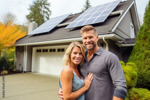 Happy Homeowners Smiling In Driveway Of Solar-Powered Mansion 