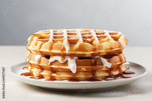 Fresh tasty Viennese waffles with syrup on a plate, close-up, minimalism