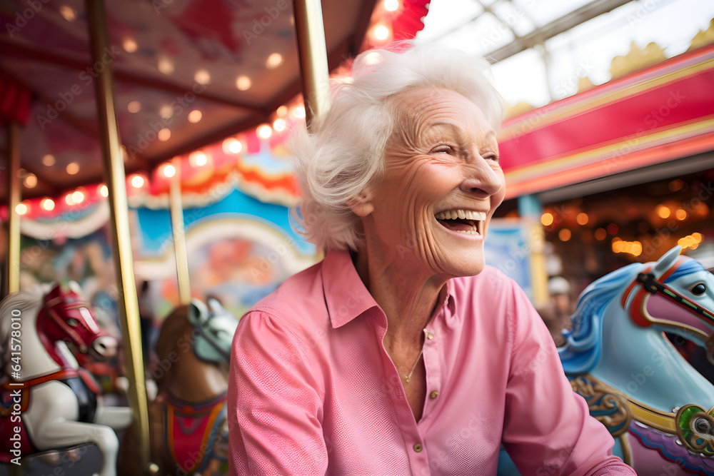 Obraz premium happy retired seniorwoman at fairground enjoying retirement