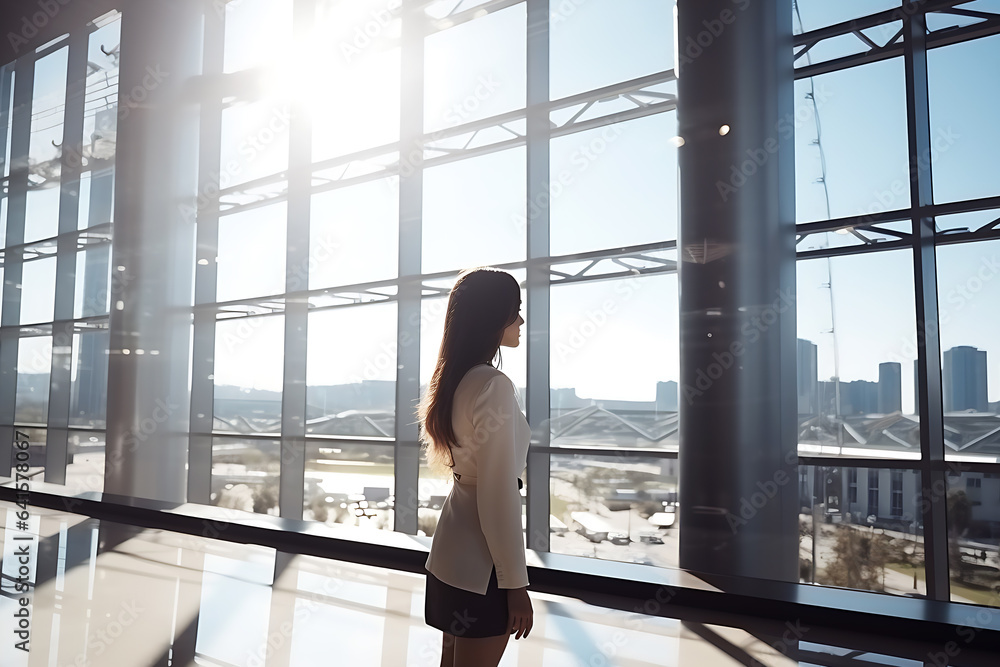 An adult girl stands inside a building near solar windows or transparent solar panels An adult girl stands inside a building near solar windows or transparent solar panels