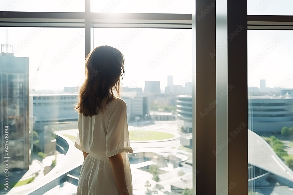 An adult girl stands inside a building near solar windows or transparent solar panels An adult girl stands inside a building near solar windows or transparent solar panels